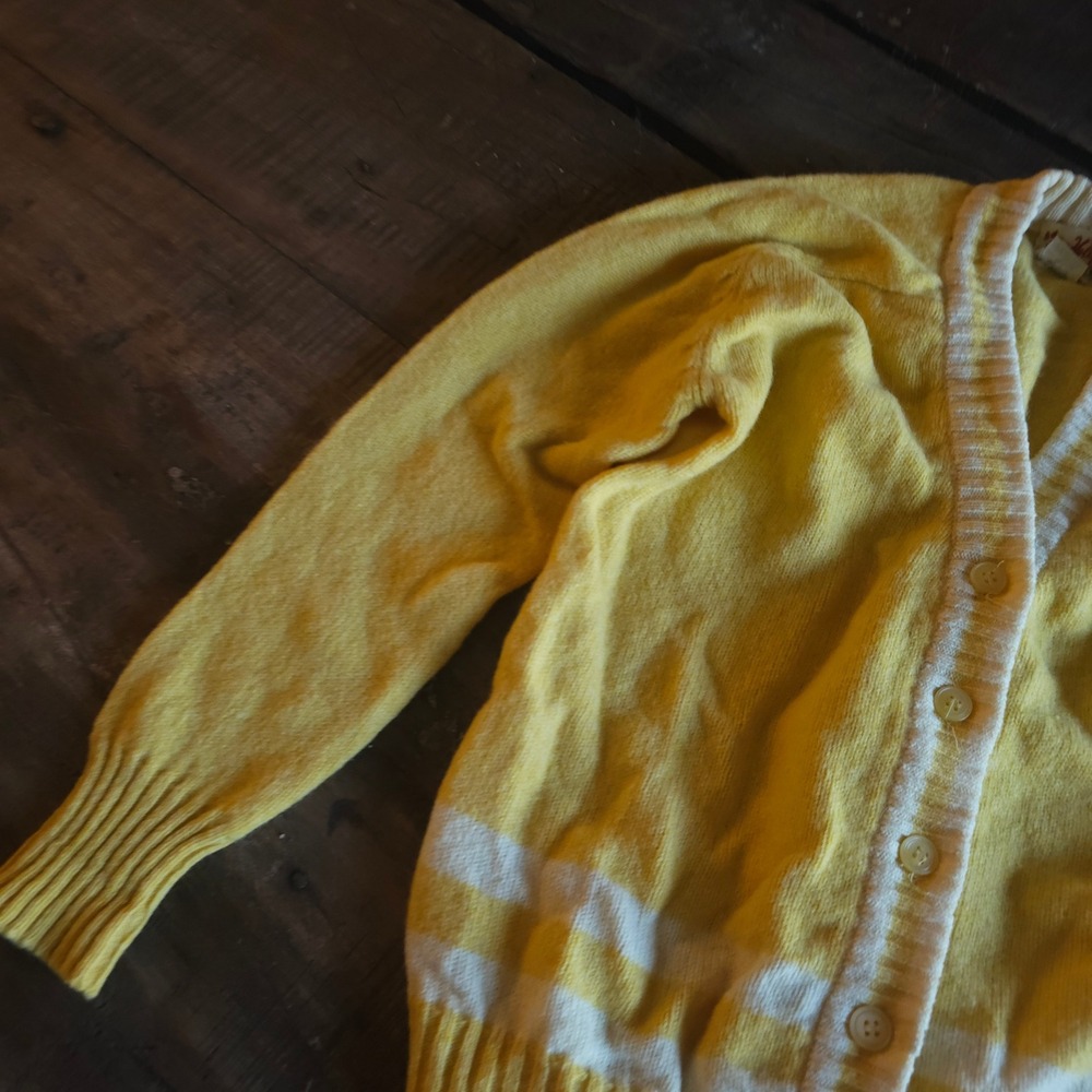 Vintage Miss Holly Yellow Wool Cardigan Sweater Striped V-Neck Japan 1970s 1960s - Picture 5 of 12